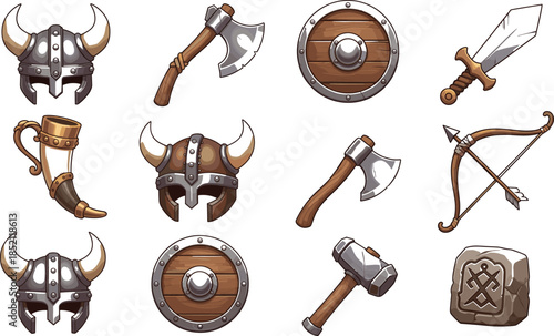 Viking equipment icon set featuring horned helmets battle axes wooden shields swords drinking horn bow and arrow hammer and ancient rune stone.
