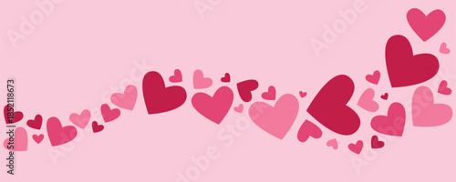 Cute flowing hearts border on soft pink background. Romantic love wave made of heart shapes for Valentine’s Day cards, banners and social media designs. Flat vector illustration.