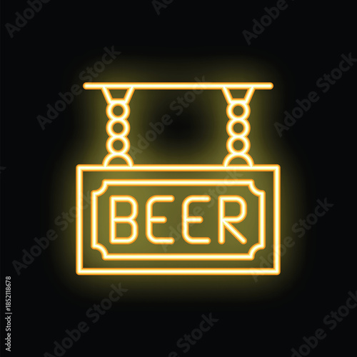 Glowing neon sign saying beer is hanging on chains against a black background