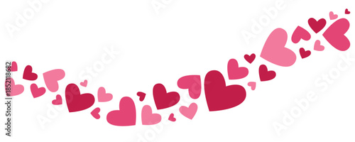 Flowing hearts wave border isolated on white background. Romantic Valentine’s Day heart decoration for greeting cards, banners, posters and wedding designs. Flat vector illustration.
