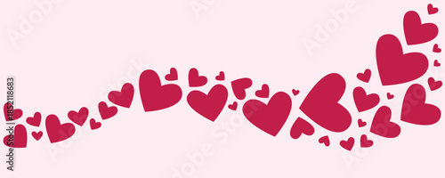 red hearts wave border on light pink background. Romantic Valentine’s Day love decoration for posters, greeting cards and festive banners. 