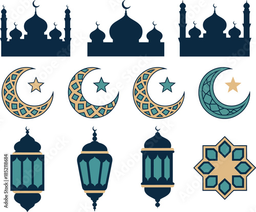 Collection of Islamic Symbols Mosques, Crescent Moons, and Lanterns for Cultural Celebrations