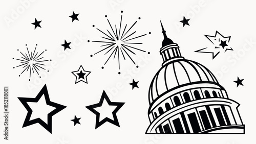 Black and White Celebration Fireworks and Shooting Stars Vector Illustration