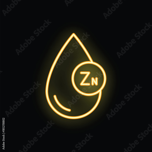 Glowing neon icon of a blood drop with the chemical symbol for zinc, highlighting the importance of minerals for health