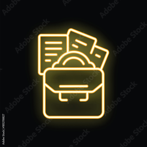 Bright yellow neon icon of a briefcase overflowing with paperwork representing a heavy workload