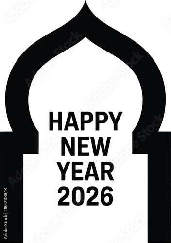 Modern graphic illustration featuring 'Happy New Year 2026' text, beautifully framed within a minimalist architectural arch, ideal for festive greetings and celebrations