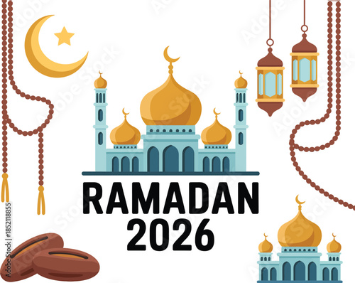 Ramadan 2026 Celebration with Mosque, Crescent Moon, Dates, and Prayer Beads