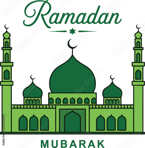 Elegant vector illustration of a green mosque with crescent moon, a spiritual graphic for Ramadan Mubarak celebrations, embodying Islamic culture and tradition