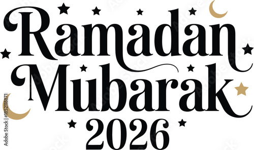 Elegant Ramadan Mubarak 2026 Text with Crescent Moon and Stars Decoration - Islamic Greeting for the Holy Month