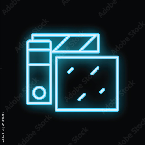 Glowing blue neon icon representing a movie clapper board and film slate, symbolizing video editing and filmmaking
