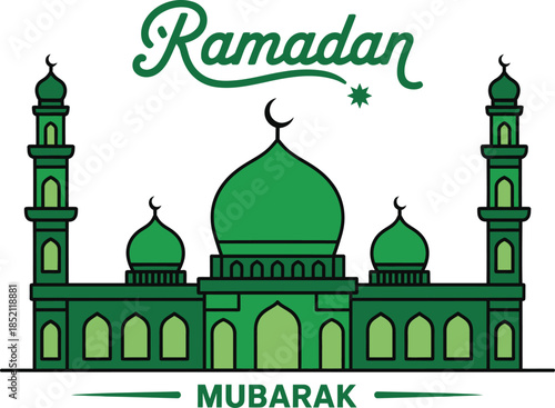 Ramadan Mubarak calligraphy with a green mosque illustration