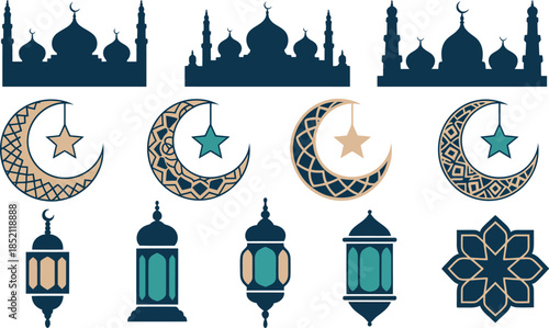 Elegant collection of Islamic design elements featuring mosque silhouettes, ornate crescent moons with stars, and traditional decorative lanterns in harmonious blue and gold tones