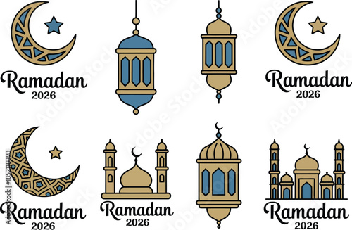 Decorative Ramadan symbols including crescent moons, stars, and lanterns in blue and gold, perfect for Islamic celebrations and events