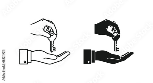 Hands offering or receiving a key depicted in contrasting styles line art and silhouette