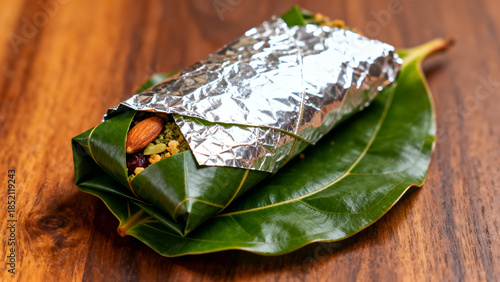 Traditional desi paan wrapped in green betel leaf with silver varq on wooden surface.