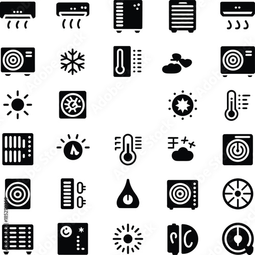 Hvac and climate control icons set for temperature regulation and weather conditions