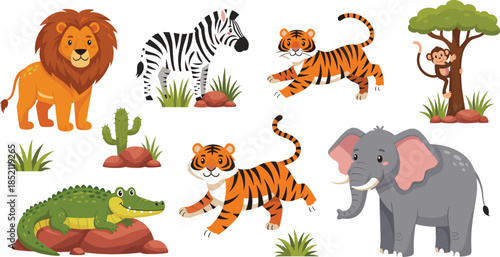 Cute African safari animals set including lion zebra tiger elephant crocodile monkey and savanna landscape elements isolated on white background flat vector.