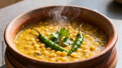 Hot yellow lentil daal served in a ceramic bowl garnished with green chilies and fresh coriander.