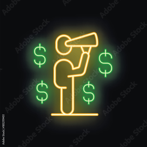 Neon sign of a businessman holding a telescope and looking for money, a concept for business success and financial growth