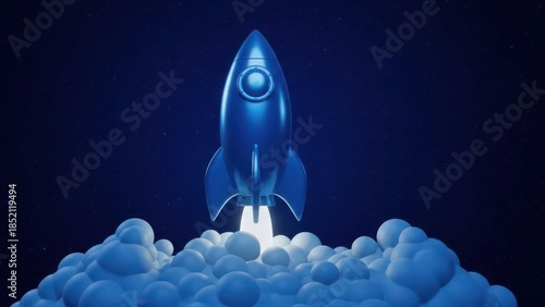 Vibrant Blue Rocket Ascending Beyond Earth's Atmosphere at Night