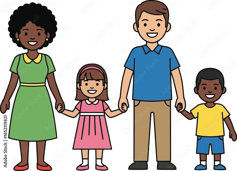 Fototapeta premium A happy diverse family illustration showing parents and children smiling and holding hands together