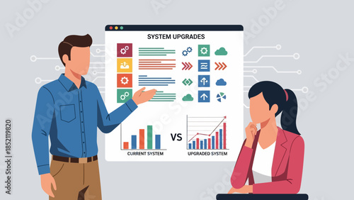 Businessman presenting system upgrades to colleague in modern office setting