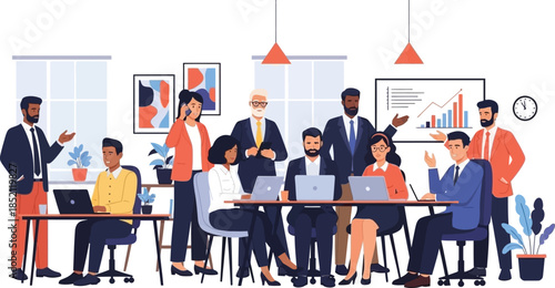 Diverse business team collaborating in a modern office, analyzing data and discussing strategy