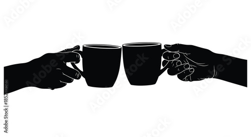 Two hands gently clinking coffee or tea cups together in a dark silhouette