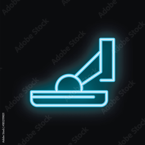 Bright glowing blue neon icon of a ball point pen drawing a straight line on a piece of paper, on black background