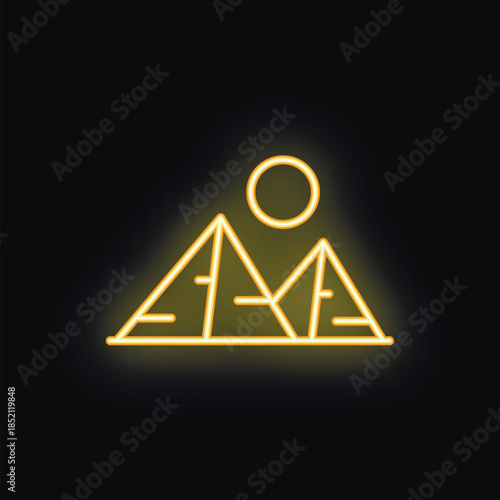 Bright yellow neon sign depicting the giza pyramids under a shining sun