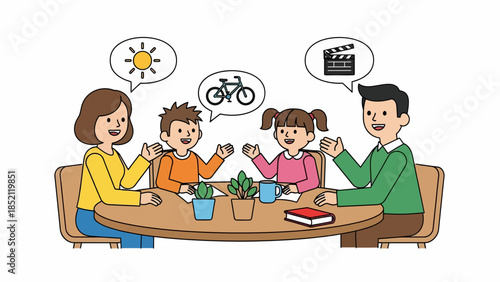 Happy family discussing plans and activities at a cozy dinner table