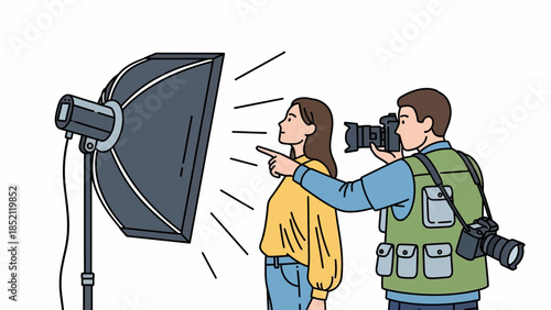 Photographer adjusting lighting for model in studio setting