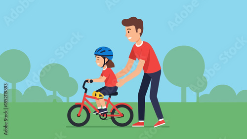 Father teaching young daughter to ride bike in park with trees