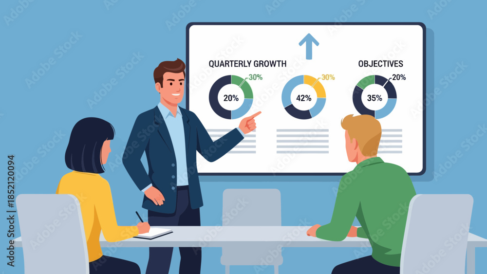 Fototapeta premium Businessman presenting quarterly growth objectives to colleagues in meeting