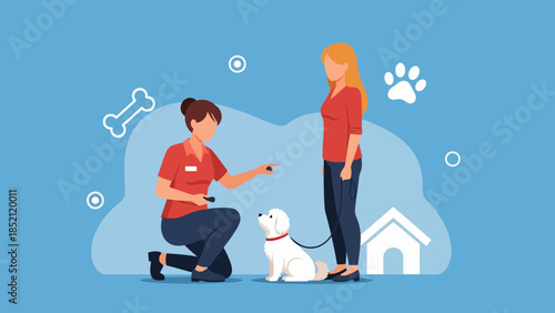 Woman training white dog with another woman observing outdoors