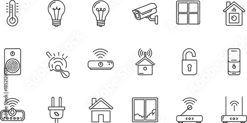 Collection of smart home and internet of things technology line icons.