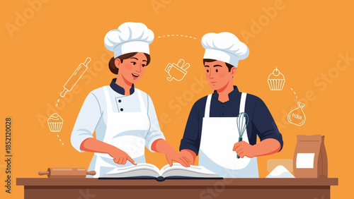 Chefs planning recipes together in professional kitchen setting