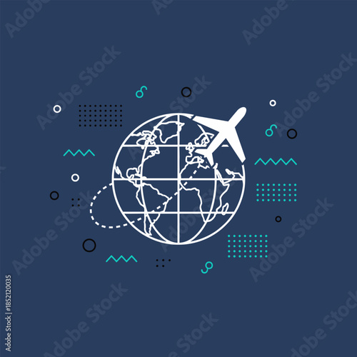 Airplane flying around the world, global travel and tourism concept.
