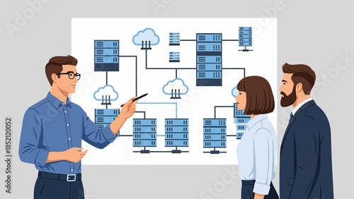 Businessman explaining cloud computing infrastructure to colleagues in modern office