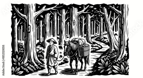 A lone traveler with a pack horse walks along a forest path.