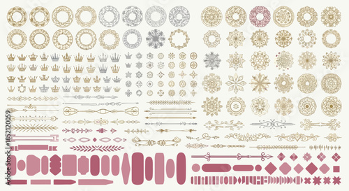 A collection of intricate geometric patterns and decorative elements in various styles and colors