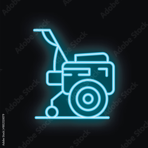 Blue neon icon of a lawn mower cutting grass on a black background