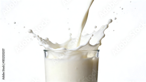 Fresh milk splashing into a clear glass on white background.