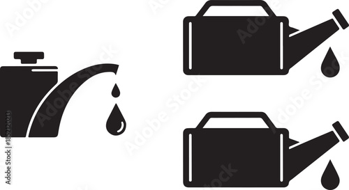 Set of three black and white icons representing oil cans or watering cans with dripping liquid