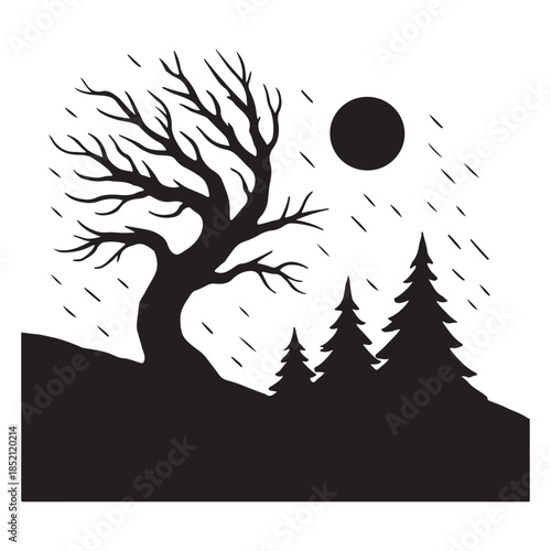 Striking black silhouette illustration of a windswept barren tree and evergreen pines under a full moon and rain, depicting a moody, atmospheric stormy night landscape