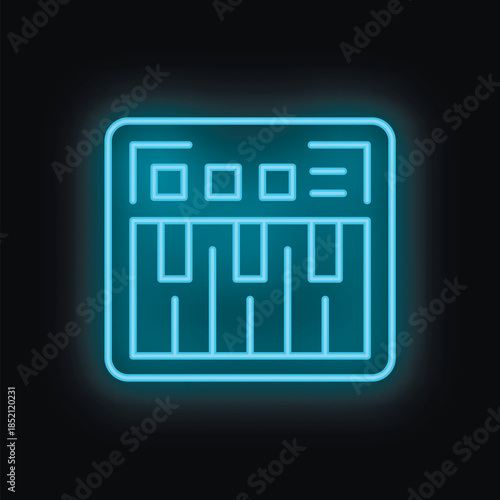Blue neon icon of a synthesizer glowing against a black background