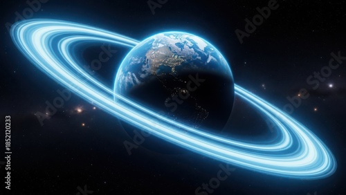 Stunning Earth-like world with glowing blue rings orbiting in deep space