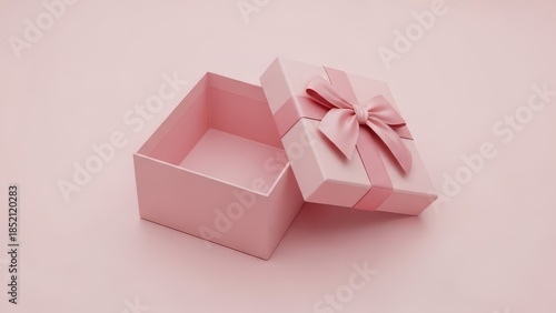 Lovely pink gift box with an open lid and decorative ribbon