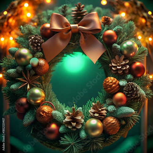 Close-up of a Christmas wreath decorated with a bow and glowing fairy lights — festive holiday interior.