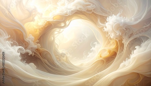 Abstract Flowing Smoke and Cloud Formation in Warm Golden Beige Tones with Circular Focal Point